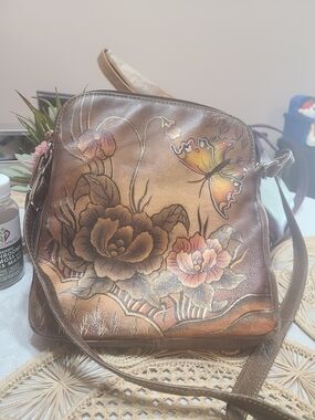 Hand-Painted Brown Floral & Butterfly Leather Crossbody Bag